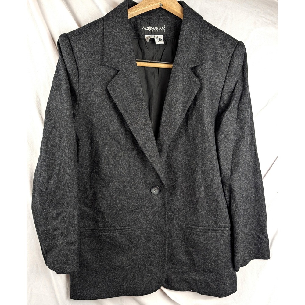 Sag Harbor Petite Wool Blend Blazer Charcoal Gray Single Button Jacket 10P VTG